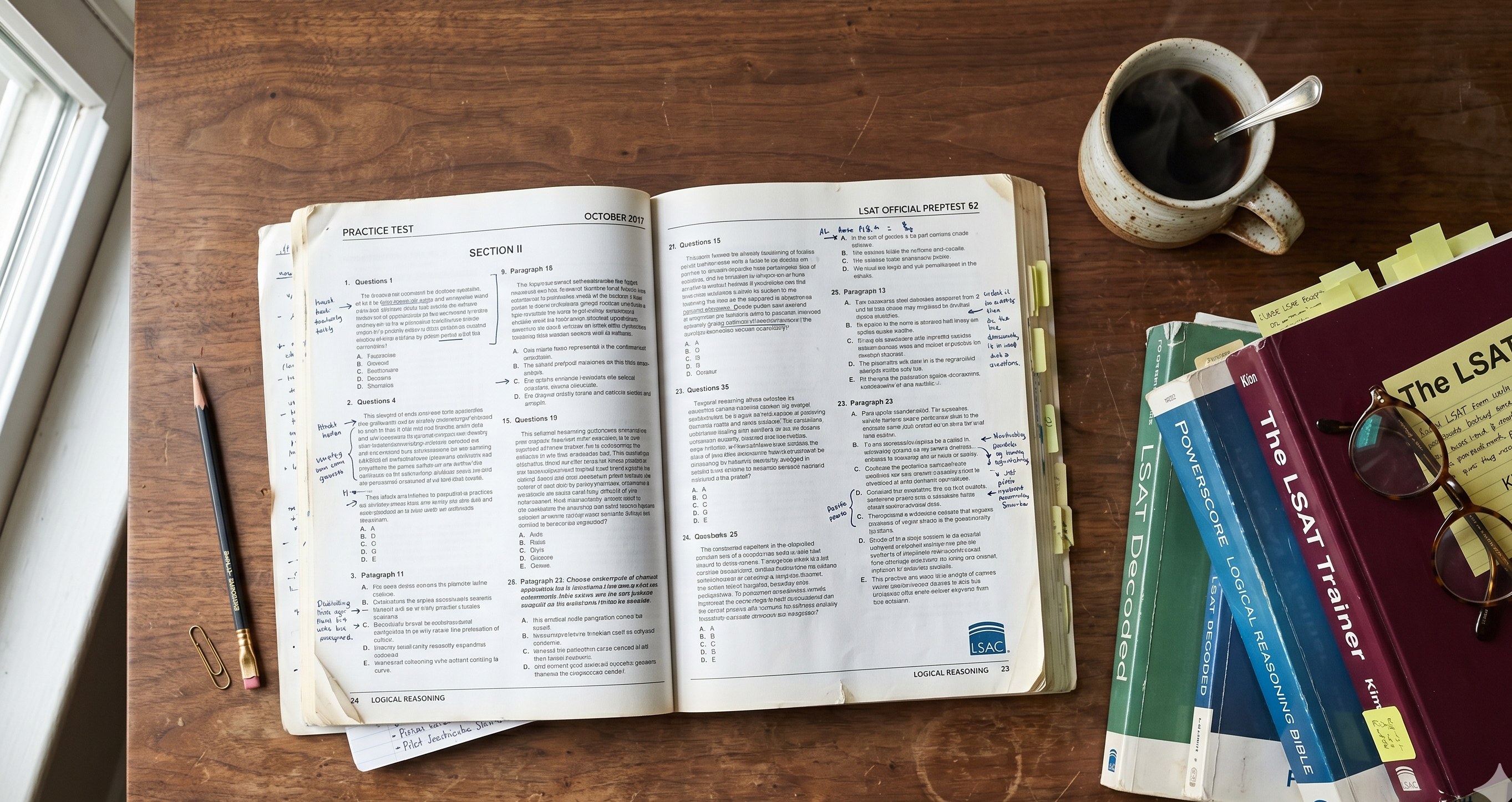 A worn LSAT practice booklet open on a wooden desk, with handwritten annotations, a coffee mug, and a stack of prep books beside it.