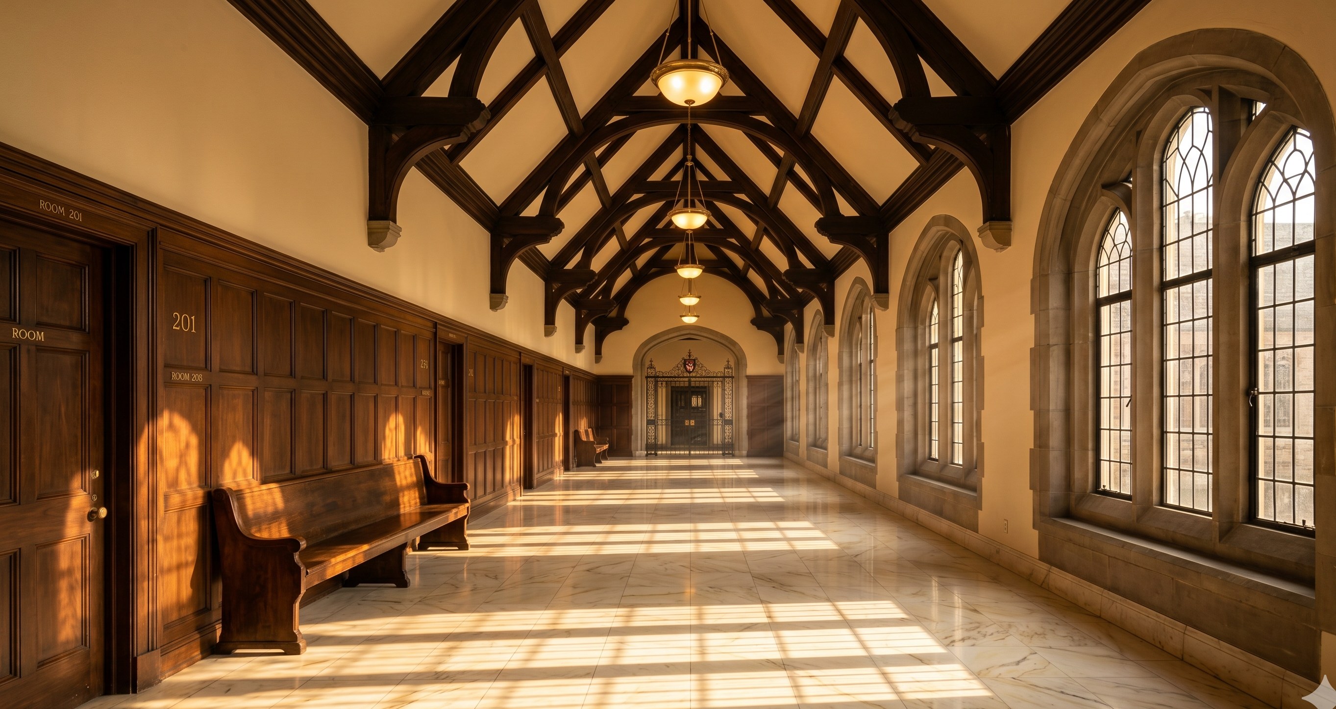 A sunlit cathedral-ceilinged corridor in an old law school, with arched leaded-glass windows, a wooden bench, and marble flooring.
