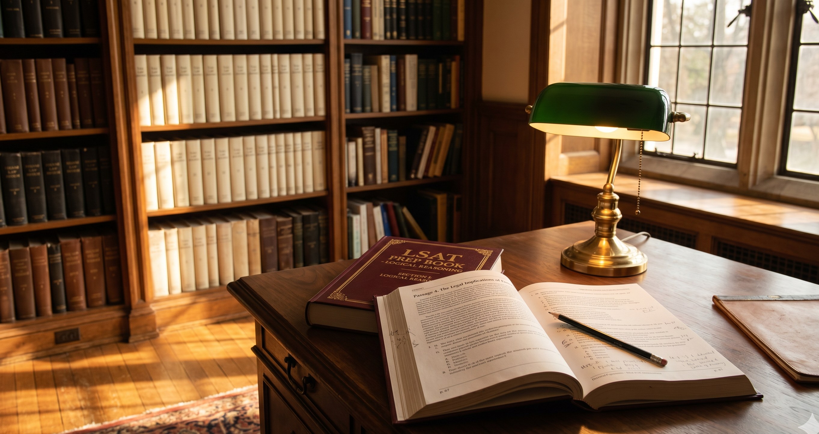 A quiet study desk with a brass banker's lamp and an open LSAT prep book, late afternoon light.