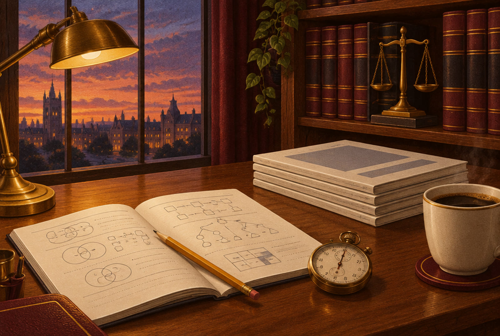 A study desk with an open LSAT workbook, a stopwatch and practice test booklets