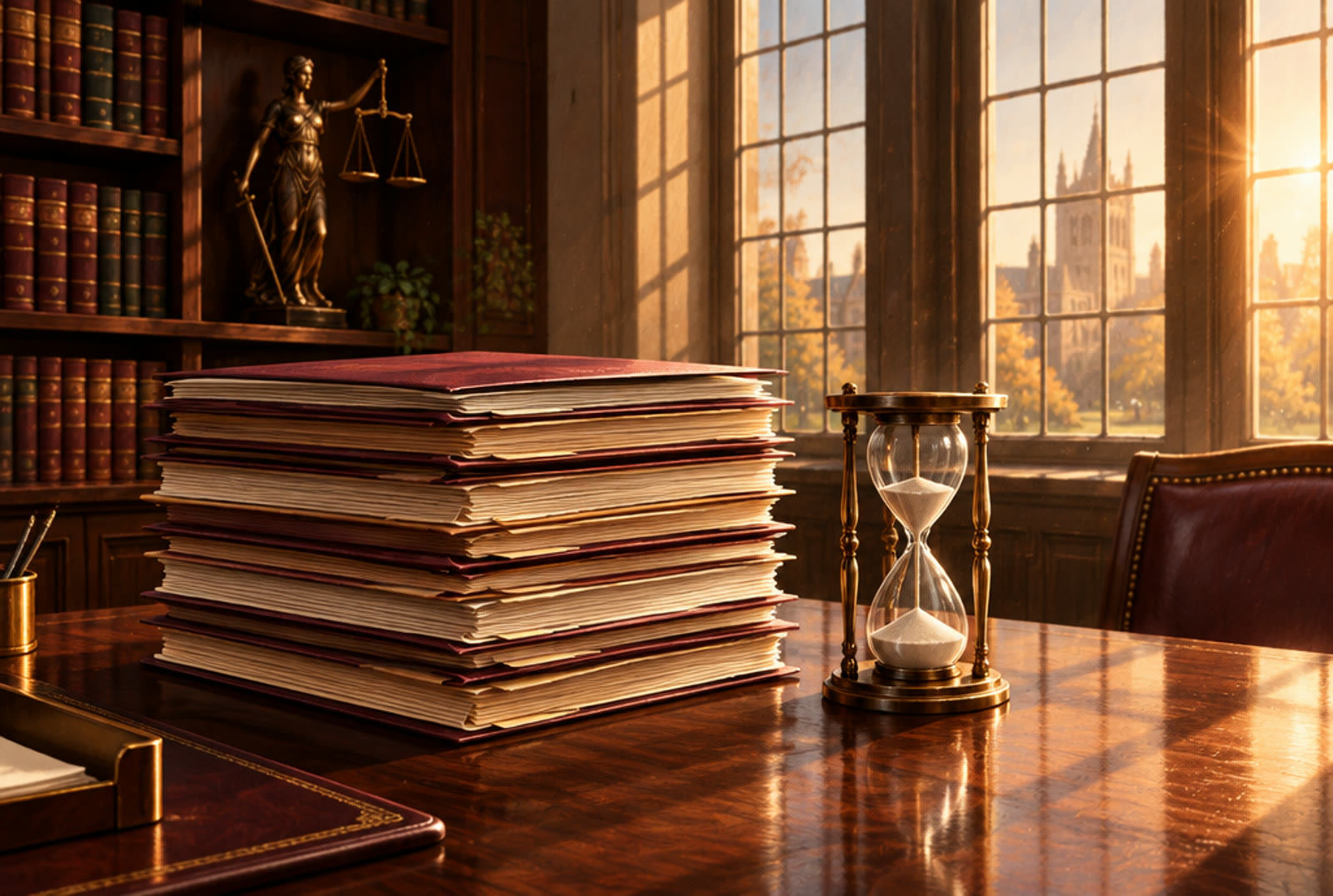 A stack of law school application folders beside a brass hourglass in a sunlit admissions office