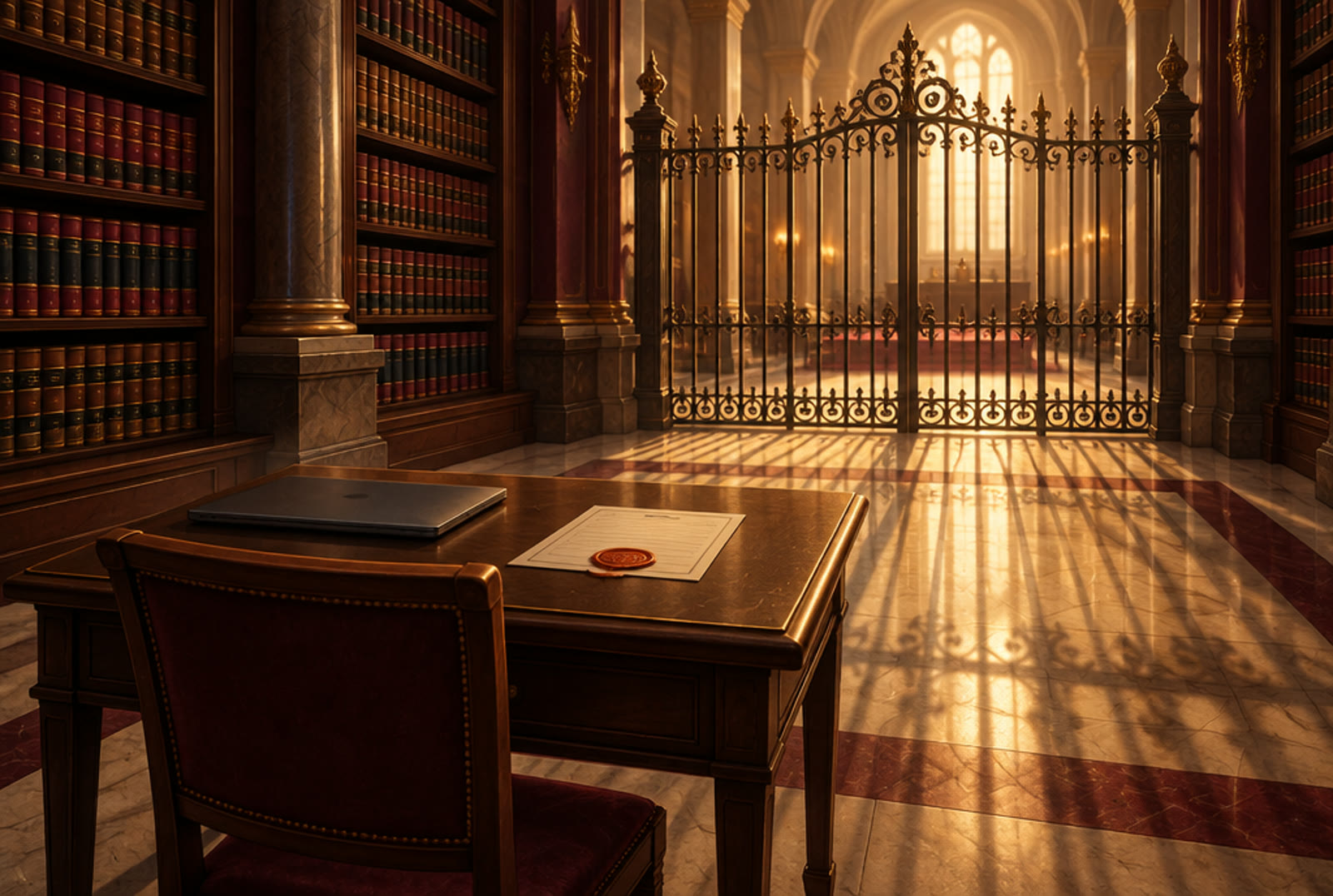 An empty exam desk with a sealed registration form in a law library, an ornate iron gate closed behind it