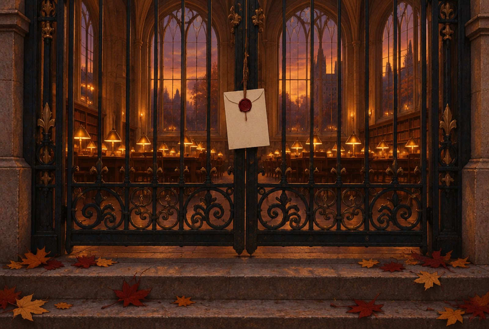 A closed iron gate with a sealed notice in front of a university library glowing at dusk, maple leaves on the steps