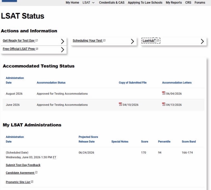 Official LSAC account showing an LSAT score of 170