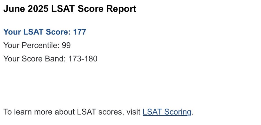 Official LSAC account showing an LSAT score of 177