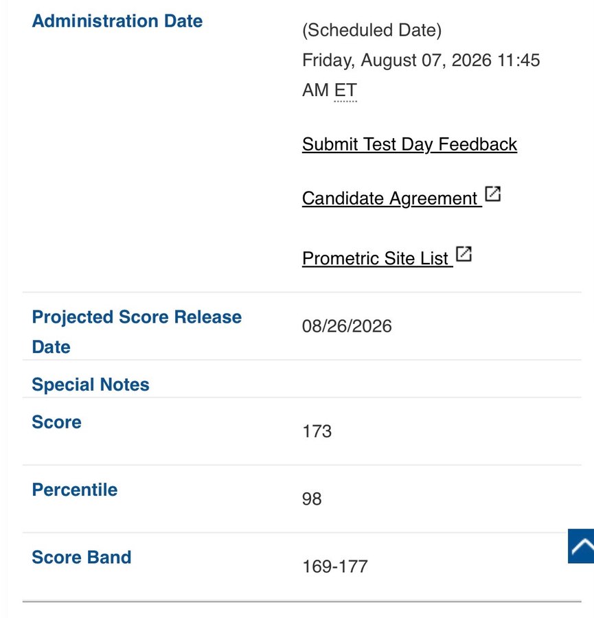 Official LSAC account showing an LSAT score of 173