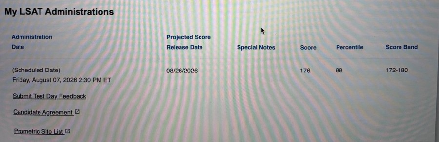 Official LSAC account showing an LSAT score of 176